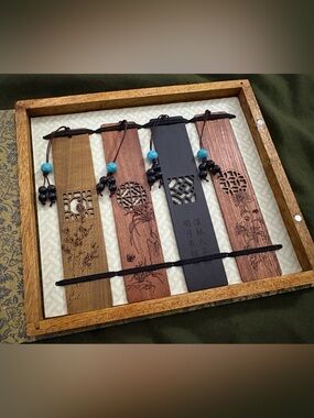 Set of 4 Carved Wooden Bookmarks